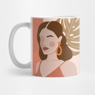 Contemporary minimalist collage with abstract woman portrait, monstera leaf and geometric elements. Minimalistic style. Mug